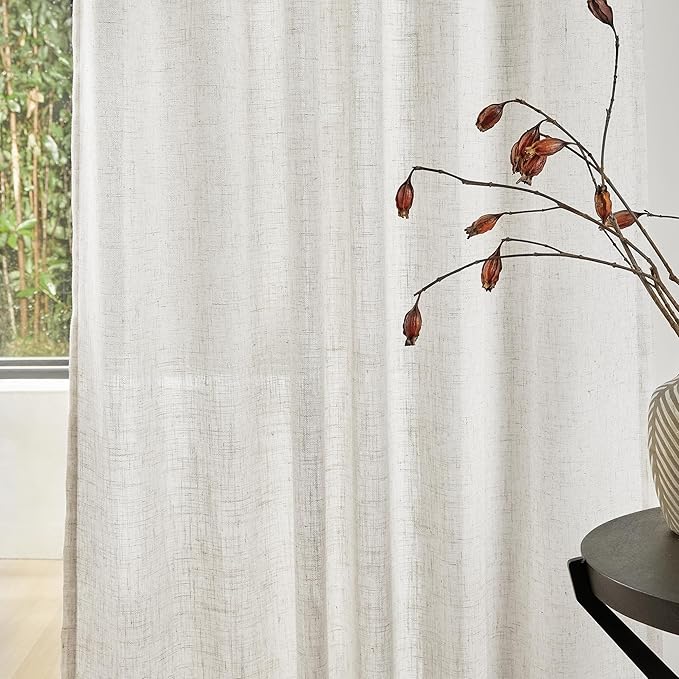 MYSKY HOME Linen Curtains for Living Room, Natural Semi Sheer Curtains & Drapes 84 inches Length 2 Panels Set Farmhouse Country Boho Style Back Tab Draperies for Sliding Glass Door, 50" Wide, Linen
