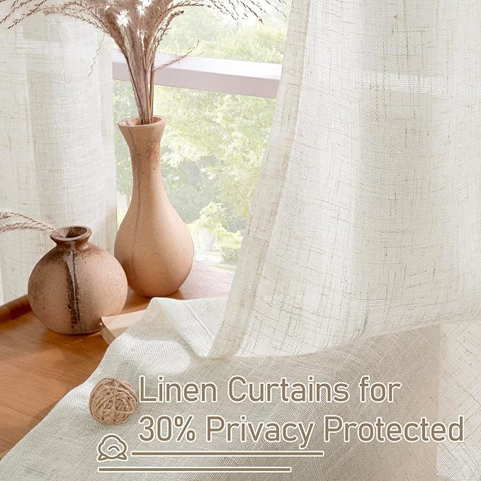 LAMIT Natural Ivory Linen Curtains 72 inches Long for Living Room, Soft Thick Semi Sheer Light Filtering Bronze Grommet Window Treatments Neutral Drapes for Bedroom, 2 Panels Set, 52 x 72 Inch