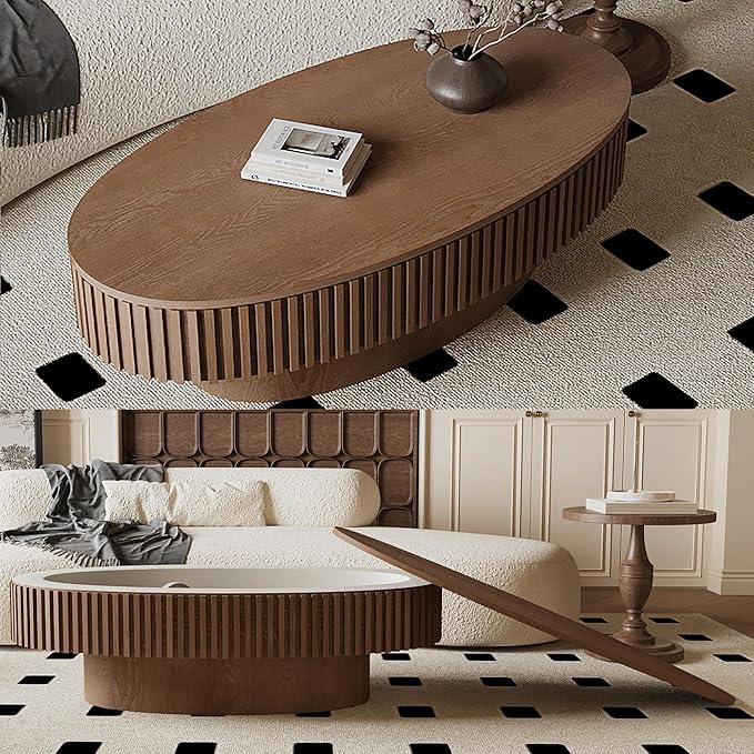 47.2''Oval Coffee Table with Storage, Mid Century Modern Fluted Drum Center Tables with Lid, Solid Wood Side Pedestal Coffee Table Tea Table for Living Room, Bedroom, Apartment-Walnut