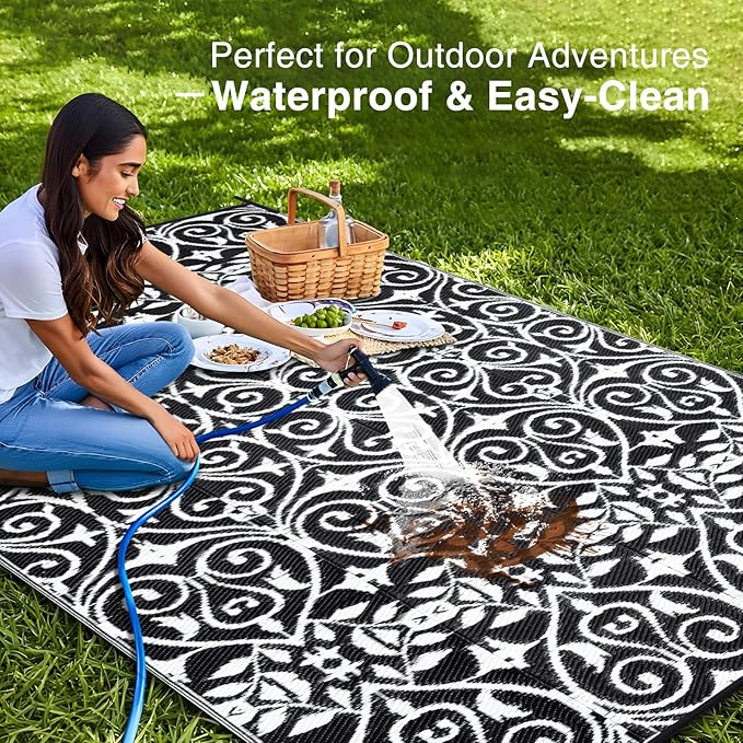 OLANLY Outdoor Rug Waterproof 9x12 ft Clearance, Reversible Outdoor Plastic Straw Rug with Floral Pattern, RV Mat for Patio, Camping, Balcony, Deck, Backyard, Black & White