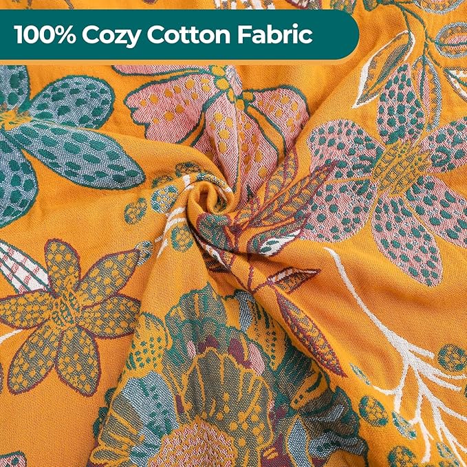 Fall Throw Blankets Reversible Luxurious Cotton Bed Throws with Vintage Bohemian Design & Yellow/Green Lightwight Floral Decor Blanket, Perfect as Bed Sofa Quilt 90" x 98"