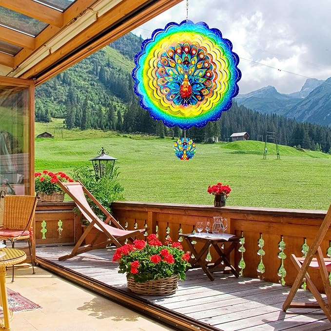 Peacock Hanging Wind Spinners,12 Inch 3D Garden Spinner Kinetic Art Garden Decorations，Stainless Steel Reflective Wind Spinners for Yard