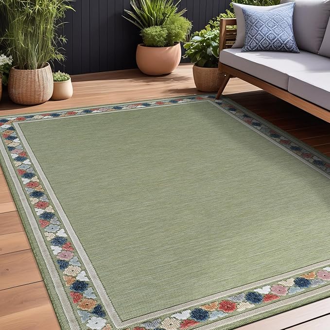 Beverly Rug Outdoor Rug 10x14 Modern Bordered Large Area Rugs for Indoor and Outdoor Patio Easy to Clean Non Shedding Living Room Porch Garden Washable Outside Carpet (10 x 14 Green)