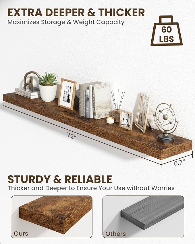 Marsmiles 72" Floating Shelves for Wall, Wooden Shelves with Invisible Brackets Set of 2, Rustic Farmhouse Wall Mounted Shelf for Kitchen Bathroom Living Room Study, Rustic Brown