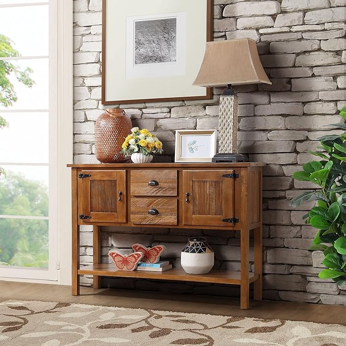 Solid Wood Farmhouse Console Table,Sofa Table with Storage Drawers and Shelves,Entryway Table for Entry Hallway Foyer,Fully Assembled (48" Brown)