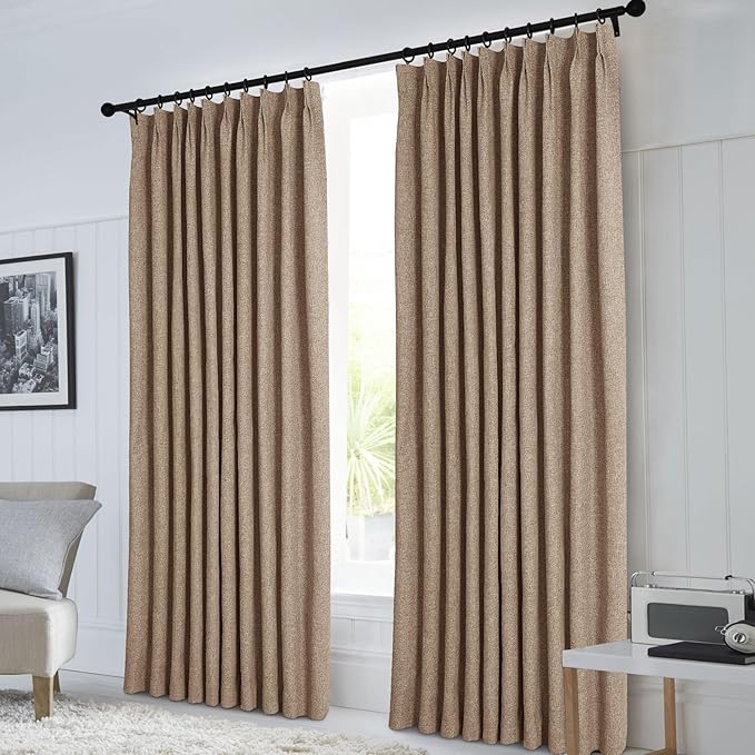 Macochico Pinch Pleated 100% Blackout Curtains Taupe Linen Curtains for Bedroom Living Room Farmhouse Thermal Insulated Window Panels Pleated Curtains with Hooks and Tieback 52”Wx72”L 1 Panel