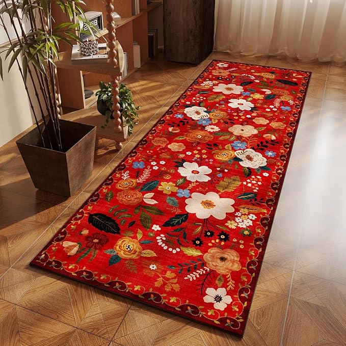 Runner Rug for Hallways Kitchen Rug Non Slip 2'x 6' Washable Runner Rugs with Rubber Backing Soft Floral Carpet Runner for Hallways, Kitchen, Laundry, Bedroom, Bathroom(Red)
