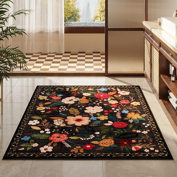 Area Rug 4x6 Rug Washable Boho Rugs Non Slip Low Pile Floral Small Carpet for Bedroom, Bedside, Kids Room, Office, Dining Room(Black)