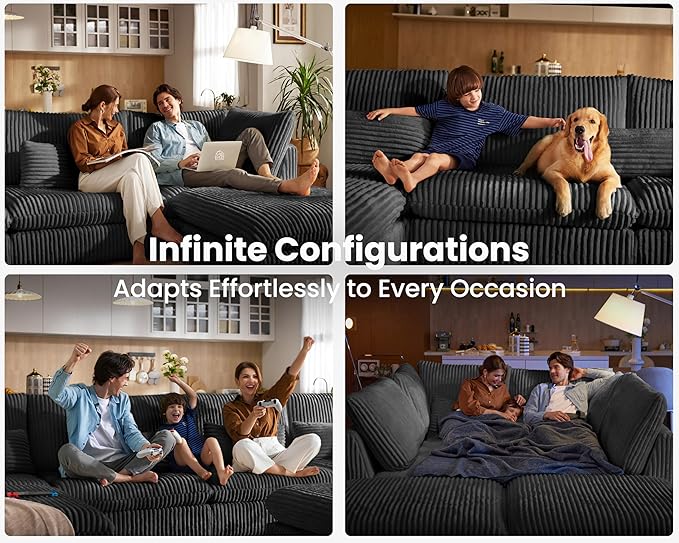 Oversized Modular Sofa, Extra Deep Cloud Corduroy Sectional Couch with Ottoman Chaise, Fluffy Corduroy 2 Seater Sofa Bed for Living Room, Villa (Loveseat Sofa, Corduroy Black)