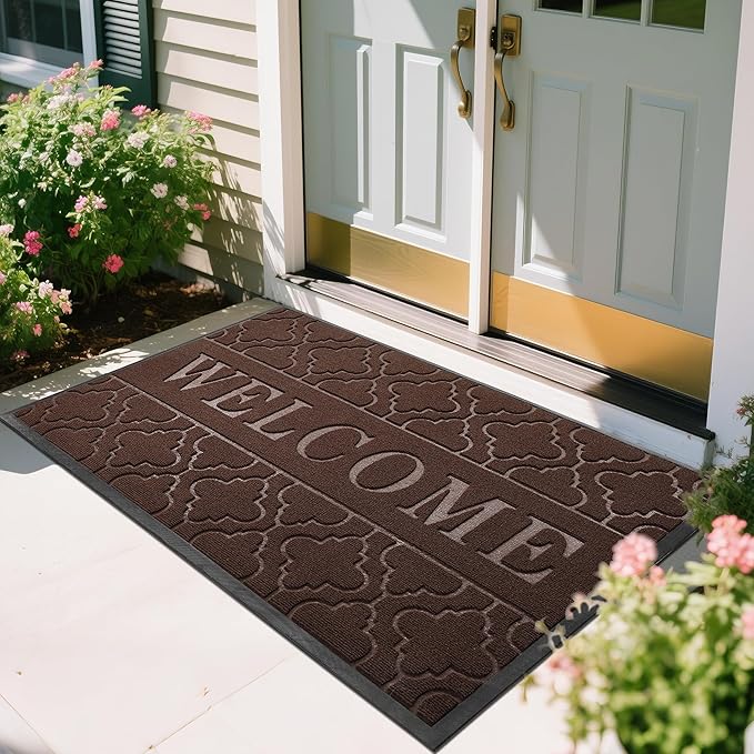 Yimobra Welcome Mat Outdoor Indoor, All-Season Waterproof Front Door Mat Outside Entrance, All-Weather Heavy Duty Non-Slip Doormat, Low Profile Porch Patio Entrance Mats, 60x36, Brown