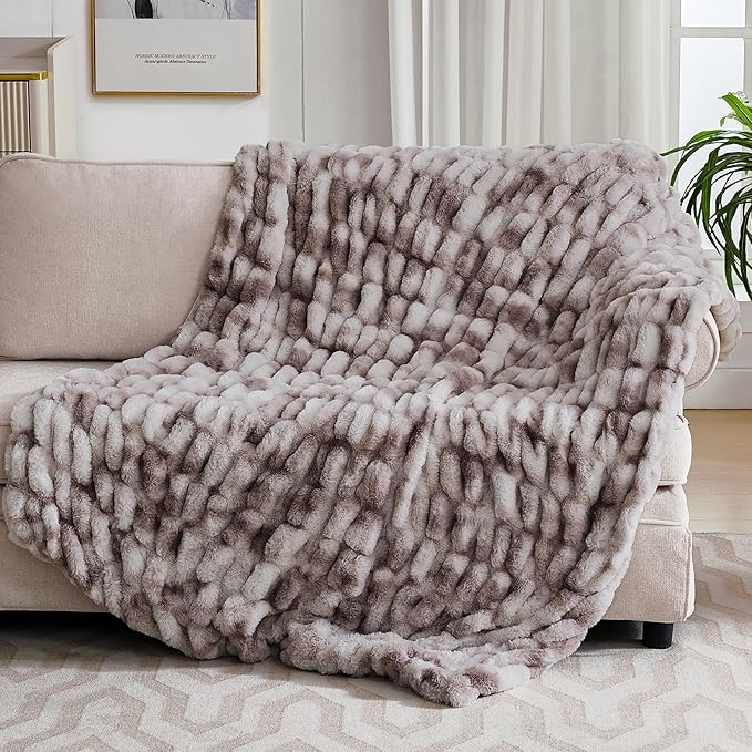 Ultra Soft Luxury Faux Fur Twin Blanket for Counch,Fuzzy Fluffy Plush Warm Cozy Elegant Wrinkled Blanket for Sofa Bedroom Living Room,（60"x80",Tie-dye Taupe）