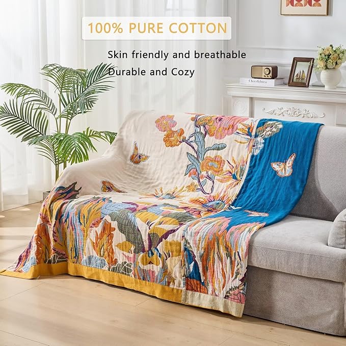 Boho Throw Blanket for Bed, Lightweight Reversible Quilt, Fall Cotton Blanket, Queen Size Boho Floral Bird Colorful Retro Quilt Ultra Soft Reversible Gauze Blanket for All Season, 80"x90"