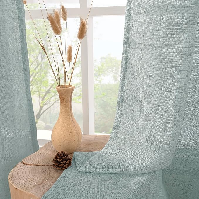 LAMIT Short Linen Curtains 40 Inches Long for Small Window, Bronze Grommet Linen Drapes Light Filtering Sheer Window Curtains for Kitchen, Set of 2 Panels (34 x 40 Inch, Greyish Blue)