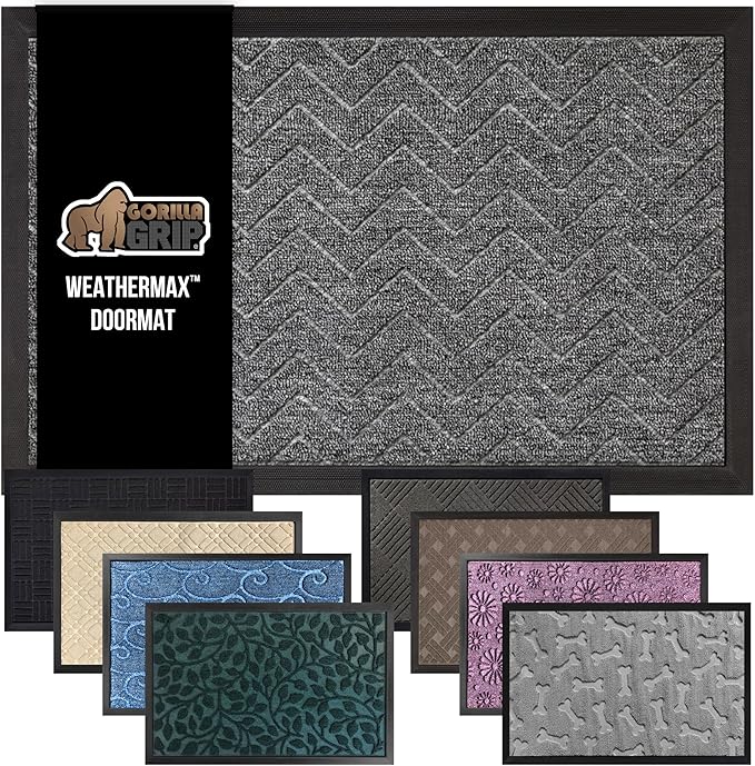 GORILLA GRIP 100% Waterproof All-Season WeatherMax Doormat US Designed Natural Rubber, Stain and Fade Resistant, Low Profile Indoor Outdoor Door Mats, Easy Clean Patio Mat, 17x29, Steel Chevron