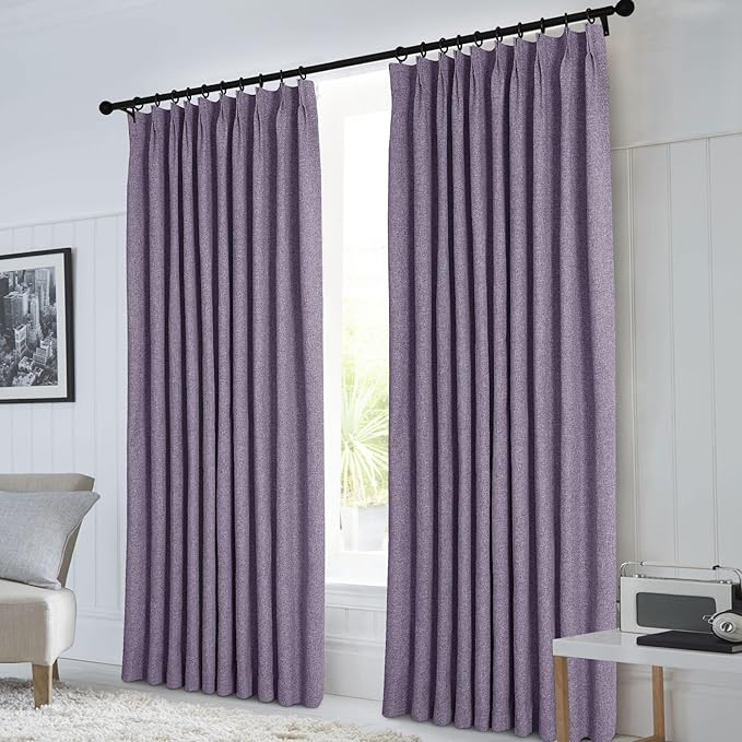 Macochico 100% Blackout Pinch Pleated Linen Curtains Thermal Window Treatments Sound Reducing Curtains for Bedroom Living Room Violet Farmhouse Burlap Drapes with Tieback 52”Wx63”L 1 Panel