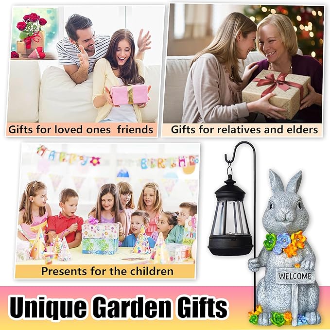 Rabbit Solar Lights Lantern Garden Statues with Succulent and 4 LED Lights - Outdoor Bunny Welcome Figurines Decorations for Patio Yard Lawn Ornaments Gifts for Birthday Easter Housewarming