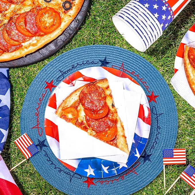 Whaline 4Pcs Round Independence Day Placemats Patriotic Stars Embroidered Place Mats 4th of July Dinner Table Mats for Home Holiday Birthday Party Decor