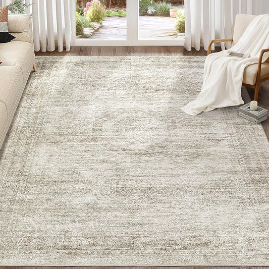 Washable Area Rugs for Living Room -8x10 Neutral Vintage Distressed Floral Farmhouse Boho Large Soft Floor Rug Indoor Non Slip Carpet for Living Room Bedroom Dining Room Office-Beige