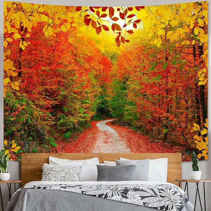 AMM Autumn Forest Tapestry Nature Fall Tree Thanksgiving Tapestry for Bedroom Aesthetic Autumn Path Yellow Red Fallen Leaves Landscape Tapestries Wall Hanging for Living Room Dorm 80 x 60 Inch