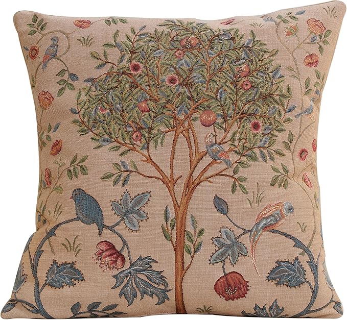 Charlotte Home Furnishings Decorative Tapestry Pillow Cover 19x19 in, Beige Kelmscott Couch Throw Pillow Cover, French Country Square Cushion Cases for Bed Room Home Decor, Soft Cotton Jacquard Woven