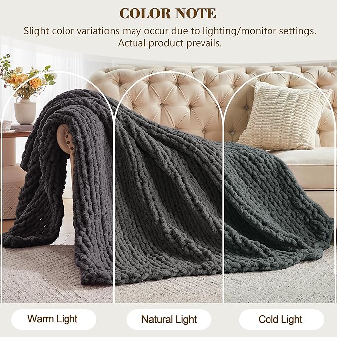 Carriediosa Chunky Knit Throw Blanket 50" X 60", 100% Hand Made Large Chenille Loop Yarn Soft Fluffy Throws for Couch Sofa Bed, Big Crochet Cozy Heavy Thick Cable Woven Blankets, Dark Grey