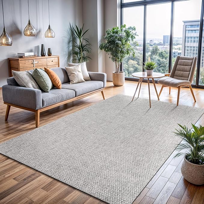 CAMILSON Easy Jute Rug 8x10, Indoor Outdoor Grey Color Area Rugs for Living Room Farmhouse Patio and Kitchen Rug, Solid Boho Woven Design, Easy-Cleaning, Washable Outside Carpet Alfombras (8 x 10)