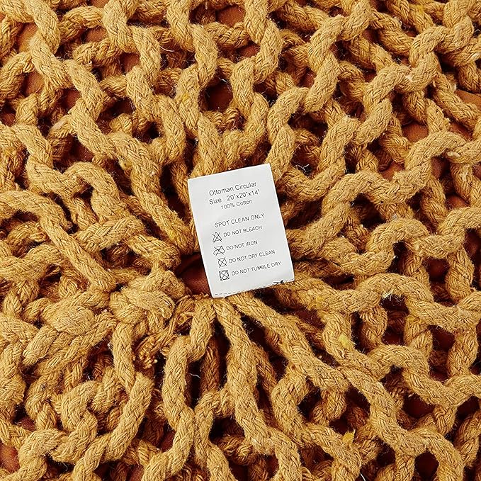 REDEARTH · Round Pouf Ottoman - Hand Knitted Cable Boho Poof Home Décor Pouffe Circular Footrest for Living Room - Bedroom - Lounge - Nursery - 100% Cotton Poufs (19.5"x19.5"x14") - Mustard