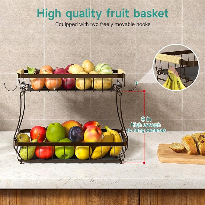 2 Tier Fruit Basket for Kitchen Counter with 2 Banana Hangers, 2025 Pro Detachable Metal Fruit Bowl with Wooden Handle,Fruit Holder for Bread Snack Veggies, Brown