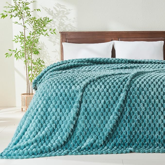 NEWCOSPLAY Super Soft King Blanket Light Teal Premium Silky Flannel Fleece 3D Clouds Stylish Jacquard Lightweight Bed Blanket All Season Use 350GSM (Light Teal, King(90"x110"))