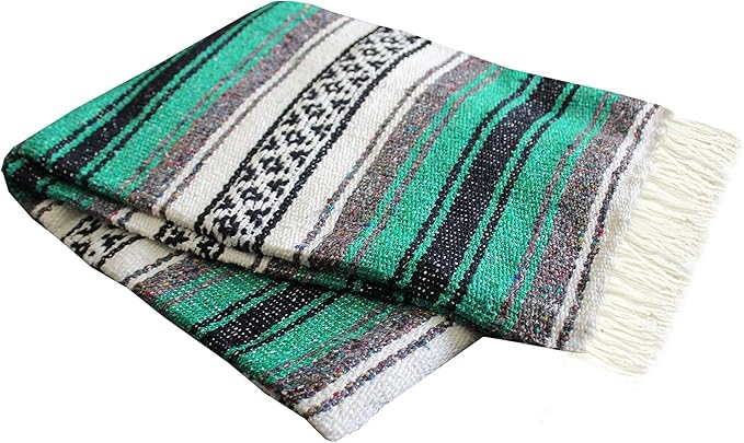 Del Mex Classic Mexican Blanket, Large Authentic Woven Falsa Throw (70"x50"), Artisan Southwest Décor for Beach, Yoga, Outdoors (Teal)