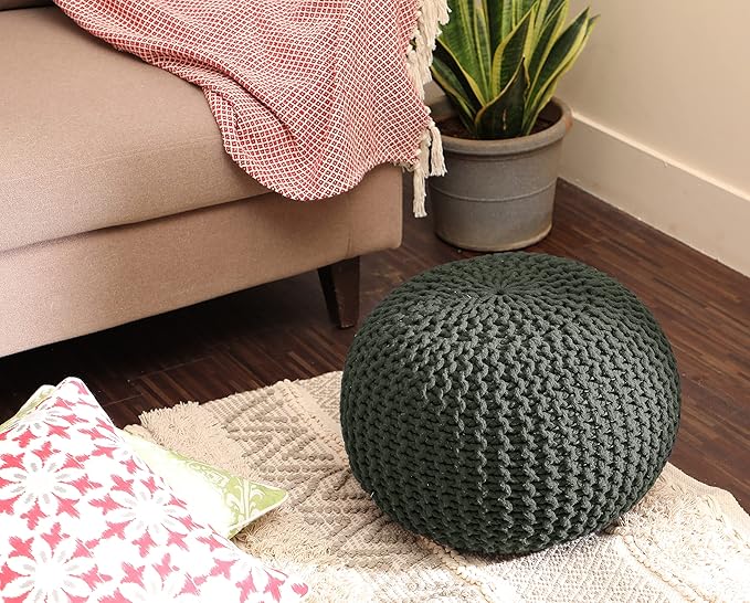 REDEARTH Round Hand Knitted Pouf - Foot Stool Bean Bag Ottoman - Cord Boho Pouffe - Poof Accent Beanbag Footrest for Living Room - Bedroom - Patio - Lounge (19.5"x19.5"x14") - Olive