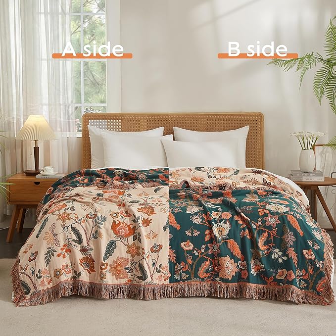 Boho Throw Blanket for Bed 80”x90”, 100% Cotton Woven Blanket for Couch Sofa, Ultra Soft 4-Layer Muslin Quilt with Floral Printed, Farmhouse Bed Blanket/Cover for Living Room Decor