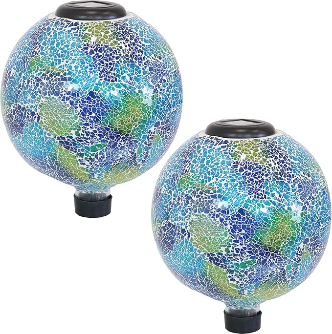 Sunnydaze Azul Terra 10" Crackled Glass Garden Gazing Globe with LED Solar Light - Set of 2