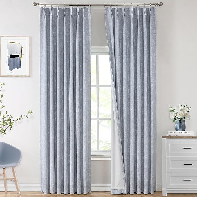 Vision Home Chambray Blue Pinch Pleated Full Blackout Curtains Room Darkening Window Curtains 95 inch for Living Room Bedroom Thermal Insulated Pinch Pleat Drapes with Hooks Back Tab 2 Panel 40"Wx95"L