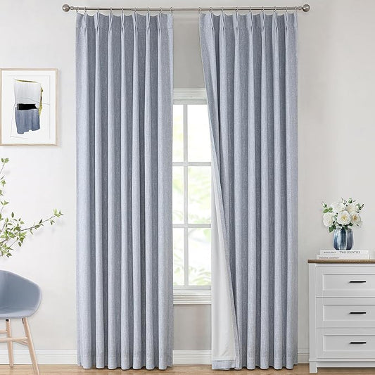 Vision Home Chambray Blue Pinch Pleated Full Blackout Curtains Room Darkening Window Curtains 95 inch for Living Room Bedroom Thermal Insulated Pinch Pleat Drapes with Hooks Back Tab 2 Panel 40"Wx95"L
