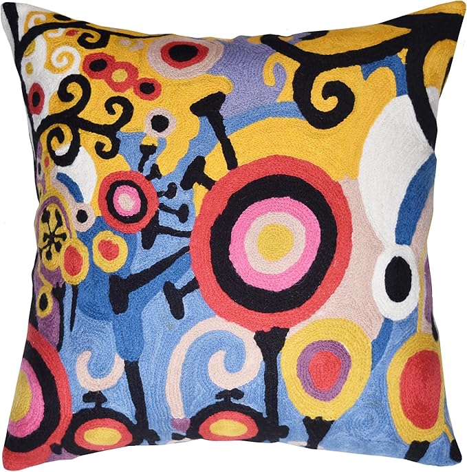 Kashmir Designs Yellow Tree of Life Decorative Pillow Cover Modern Couch Pillowcase Floral Chair Cushion Farmhouse Pillowsham Hand Embroidered Wool 18x18