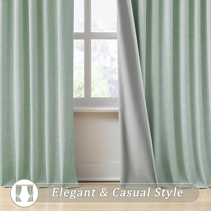 RAIN CITY Light Green Linen Blackout Curtains 84 Inch Long for Living Room,2 Panels Pinch Pleated Drape with Hooks Back Tab Boho Decor, Textured Full Black Out Curtains for Bedroom 50 x 84