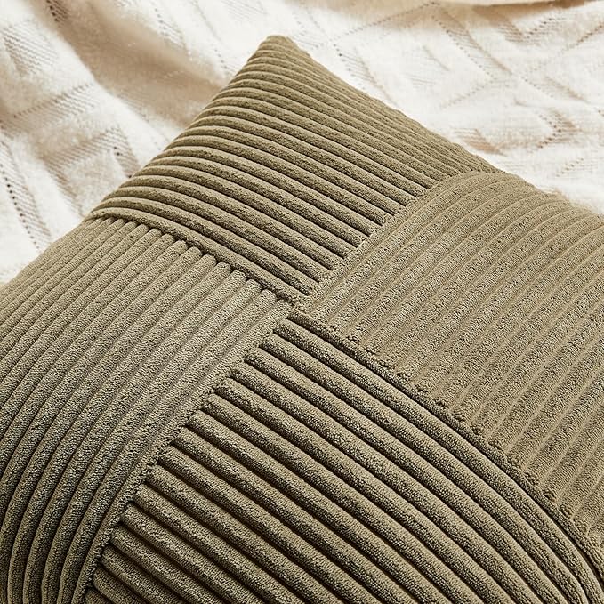 Fancy Homi 2 Packs Olive Green Decorative Throw Pillow Covers 16x16 Inch for Living Room Couch Bed, Rustic Farmhouse Boho Home Decor, Soft Corss Patchwork Corduroy Textured Cushion Case 40x40 cm