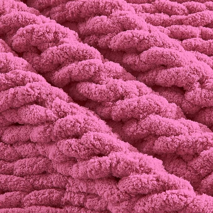 Carriediosa Chunky Knit Throw Blanket 50" X 60", 100% Hand Made Large Chenille Loop Yarn Soft Fluffy Throws for Couch Sofa Bed, Big Crochet Cozy Heavy Thick Cable Woven Blankets, Hot Pink