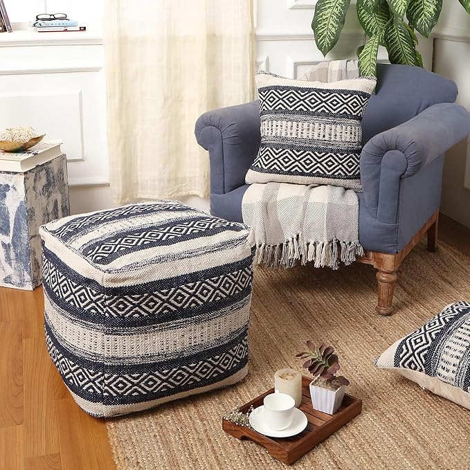 REDEARTH · Tufted Pouf Ottoman with Filler Textured Storage Cube Bean Bag Pouffe Footrest for Living Room, Bedroom, Nursery, Home Decor; 100% Cotton (17.5"X17.5"X17.5", Indigo Impressions)