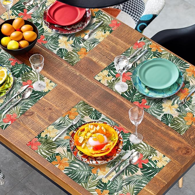 Tropical Palm Leaves Table Mats Set of 4 Summer Watercolor Hibiscus Flower Leaf Placement Mats for Dining Table Washable Non-Slip Heat Resistant Linen Place Mat 12×18 Inch