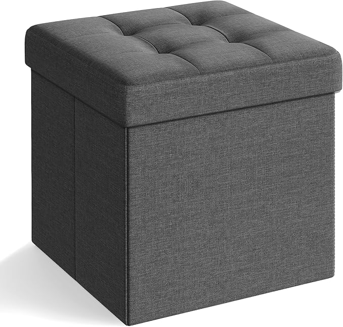 SONGMICS Folding Storage Ottoman Bench，38 x 38 x 38 cm， Ottoman Foot Rest, End of Bed Bench, Storage Chest, Load 300 kg, for Living Room, Bedroom, Entryway, Dorm, Dark Gray ULSF27Z