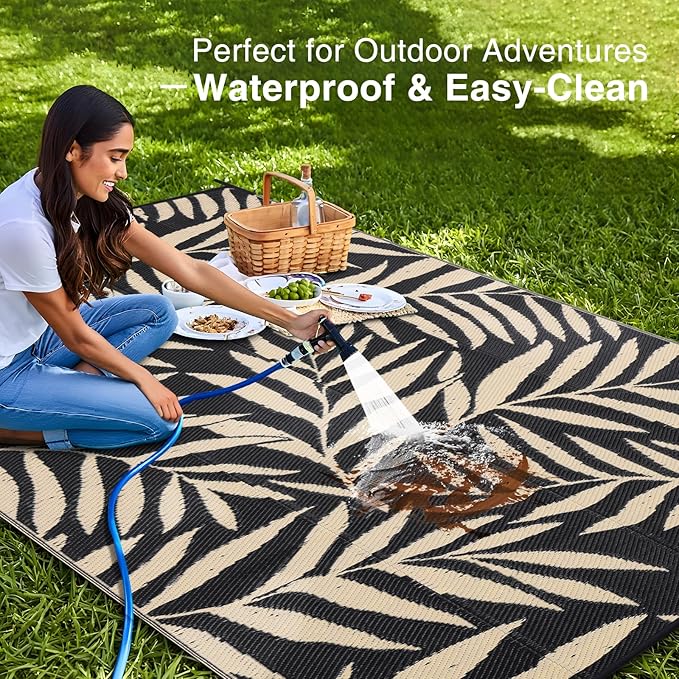 OLANLY Waterproof Outdoor Rug 6x9 ft, Reversible Outdoor Plastic Straw Rug with Leaf Pattern, RV Mat, Indoor Outdoor Carpet for Patio, Camping, Balcony, Deck, Backyard, Black & Beige