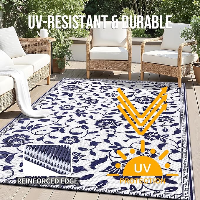 OLANLY Waterproof Outdoor Rug 5x8 ft, Outdoor Plastic Straw Rug with Flower Pattern, Reversible RV Mat for Patio, Camping, Balcony, Deck, Backyard, Navy & White