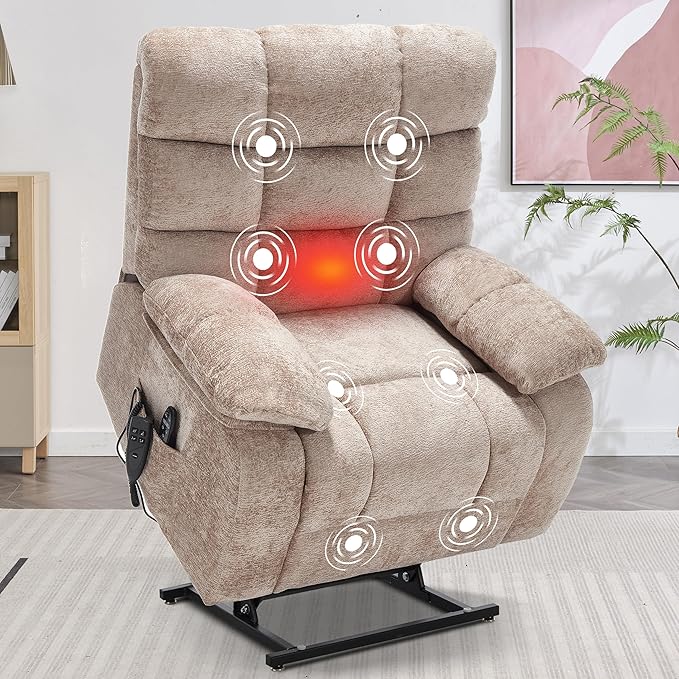 Lay Flat Recliner with Vibration Massage and Lumbar Heating, 26'' Wide Recliner Chair with Infinite Position and 2 Remote Controls, Soft Chenille Lift Recliner for Living Room, Khaki