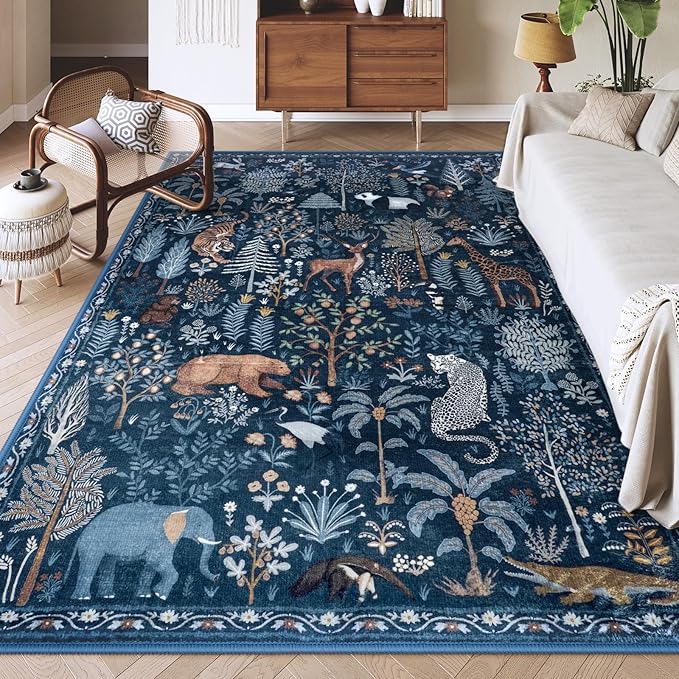 OJIA Jungle Print Rugs for Living Room 8x10 Washable Area Rugs for Bedroom, Modern Non-Slip Ultra-Thin Soft Large Carpet Non-Shedding Nursery Rug for Teens Kids Playroom Dining Room Home Decor