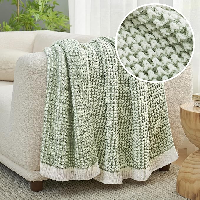 Amélie Home Chenille Waffle Throw Blanket for Couch, Reversible Pineapple Stitch Knit Soft Cozy Knit Blanket Lightweight Warm Decorative Throw for Sofa, Bed, Living Room, 60 * 80", Sage Green&Ivory