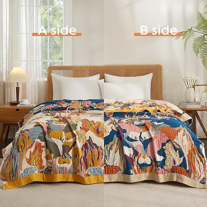 Boho Throw Blanket for Bed 60”x80”, 100% Cotton Woven Blanket for Couch Sofa, Ultra Soft 4-Layer Muslin Quilt with Floral Printed, Farmhouse Bed Blanket/Cover for Living Room Decor
