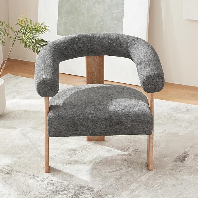 VKNOW Accent Chair Living Room Chair Set of 2, Modern Upholstered Armchair with Solid Wood Legs, Comfy Barrel Arm Chairs for Living Room Bedroom, Dark Grey