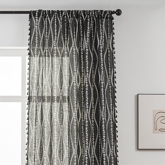 Sutuo Home Boho Curtains 96 Inches Long for Bedroom Living Room Kitchen, Stripe Floral Bohemian Tassels Country Window Treatment Drape for Halloween Decorations Rod Pocket, 1 Panel 59"W x 96"L,Black